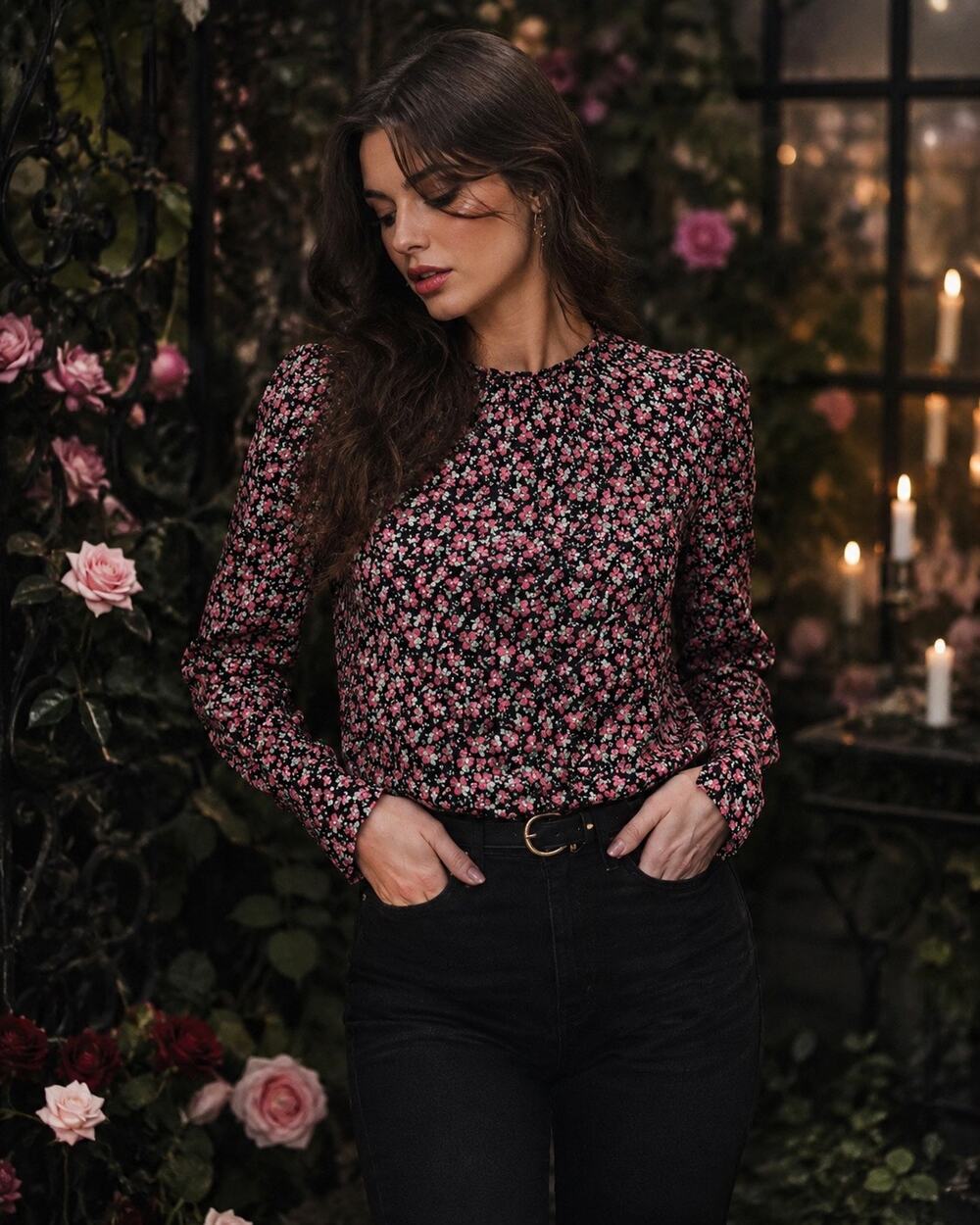 By TiMo Women's Floral Romantic Print Viscose Blouse. Black/Pink. Size S. NWOT